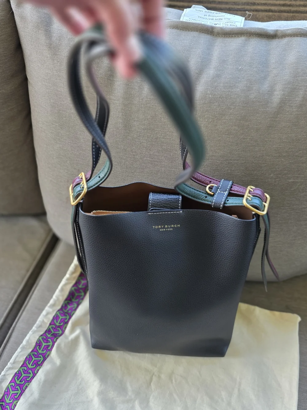 Tory Burch Black Leather Crossbody Bucket Bag with Multicolor Strap